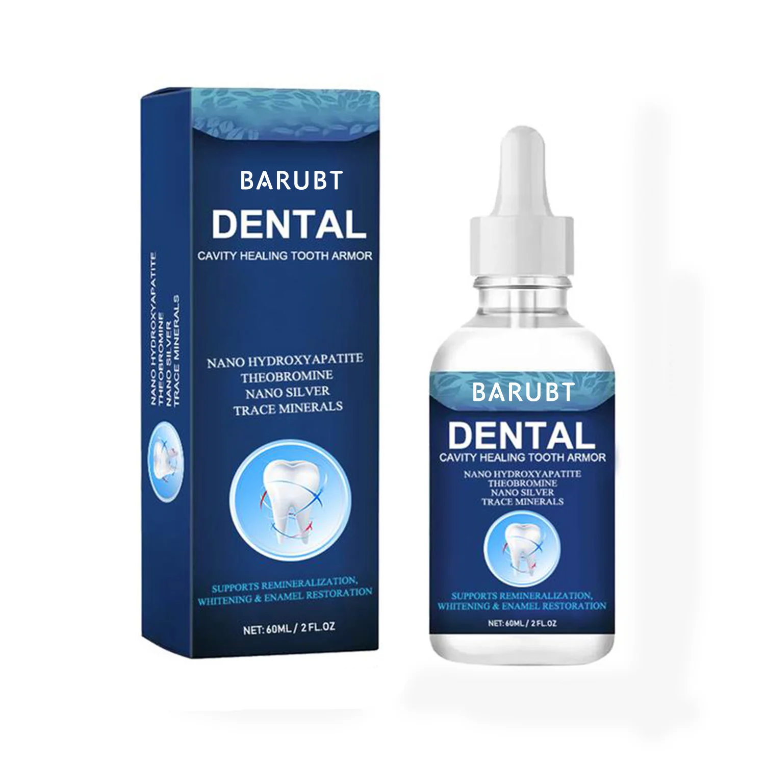 BARUBT Dental Cavity Healing Tooth Armor Drops for Enamel Restoration 1 BARUBT Dental Cavity Healing Tooth Armor Drops bottle on a blue background